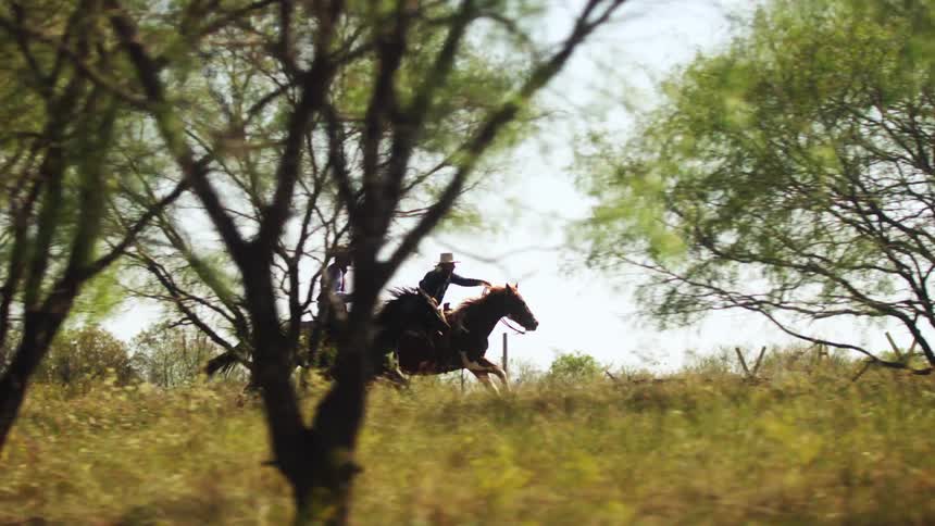 Two men are riding horses in a rural area