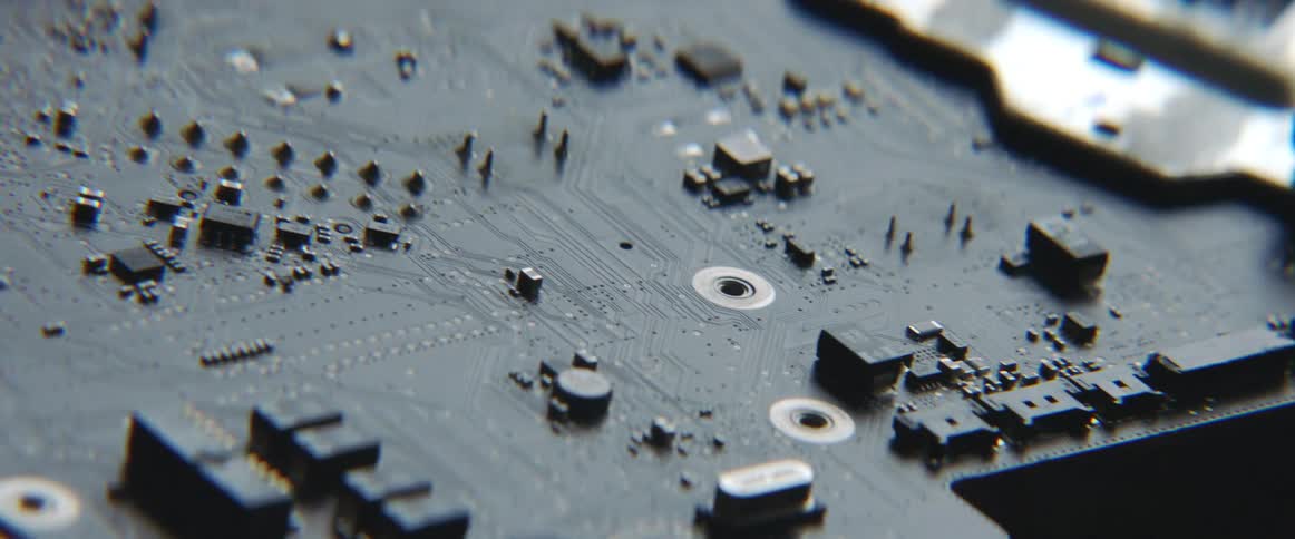 Closeup view of a motherboard for a computer is displayed