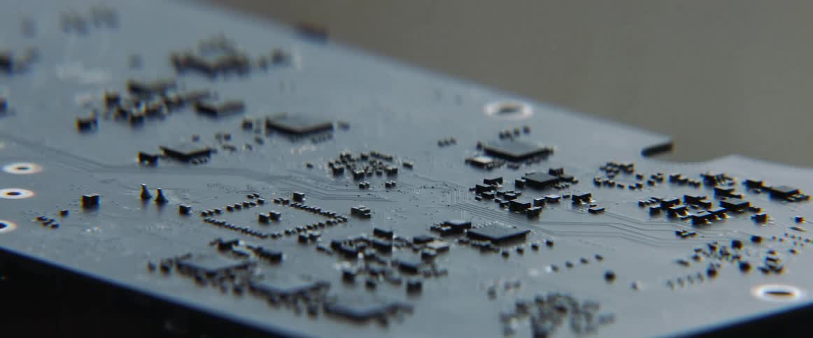 Closeup view of a motherboard for a computer is displayed