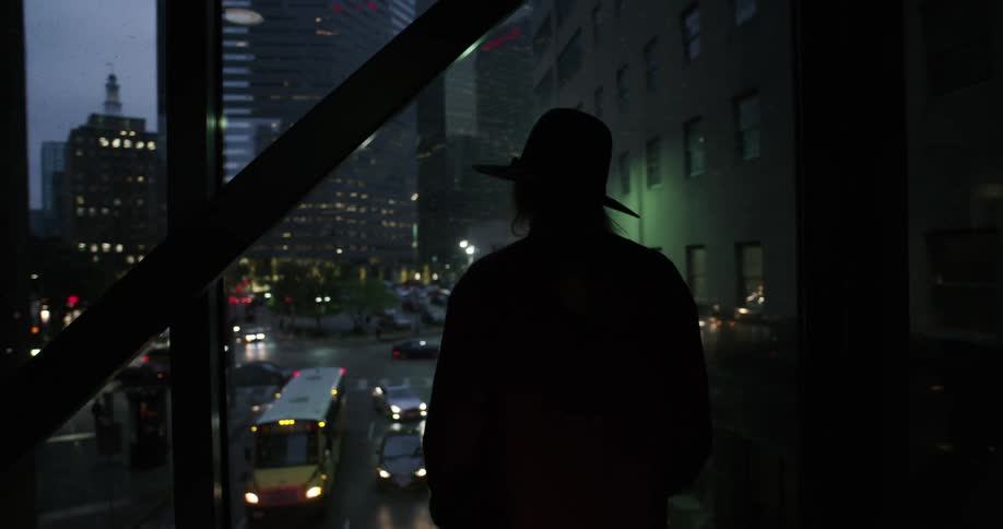 A woman stand in an upper story window looking out at a city scene at night