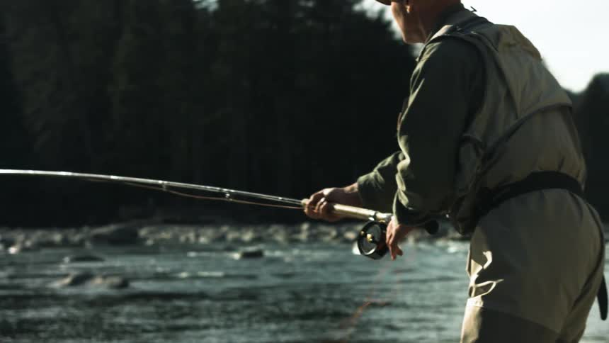 A man is fly fishing in the river