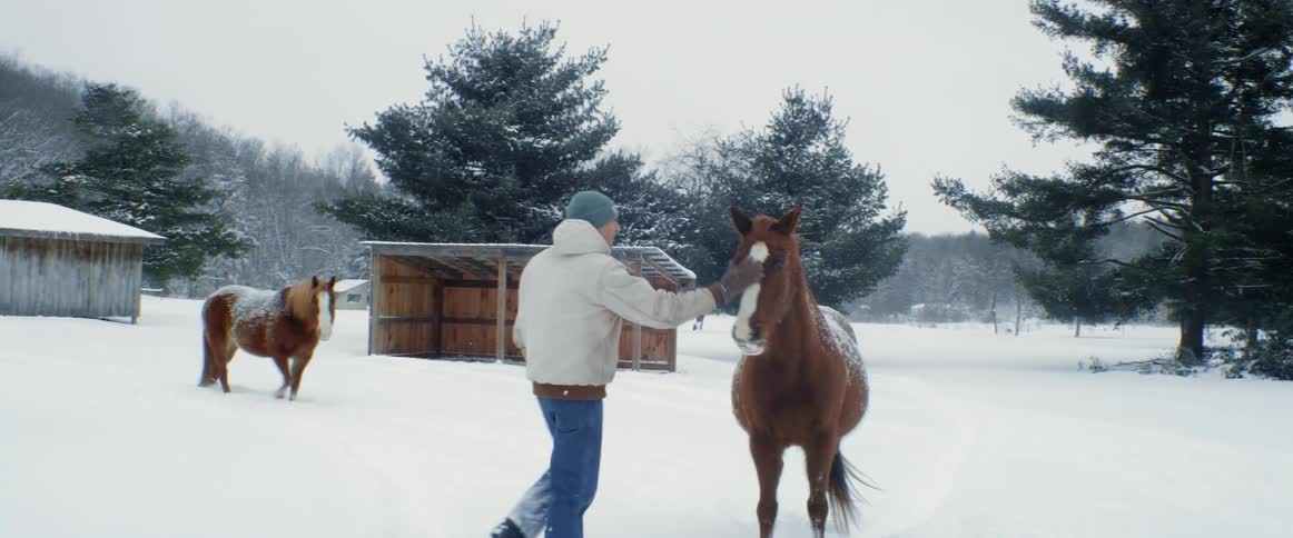 A man walks over and pets a horse in a snow covered rural area