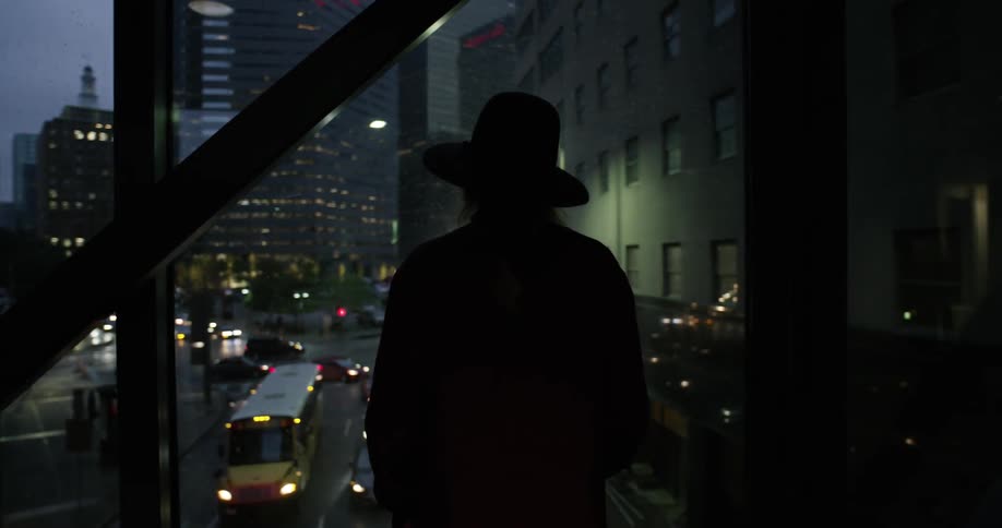 A woman looks out of a window at a city at night