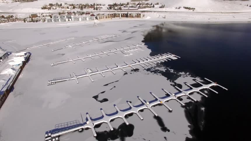Docks surrounded by ice and snow