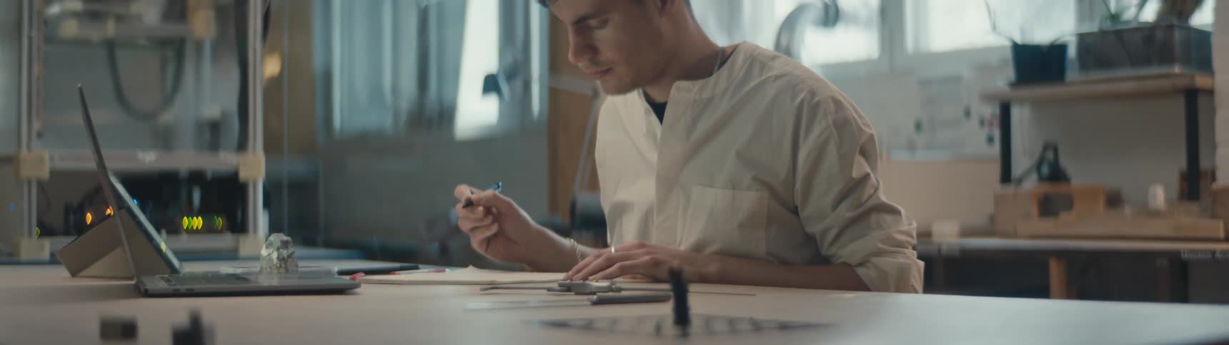 A man uses a mechanical pencil to write in a notebook while consulting a laptop