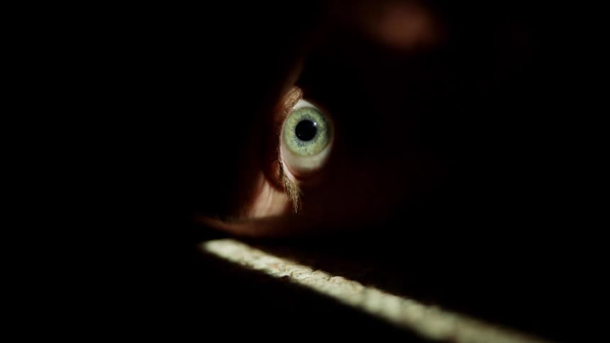 Person with green eyes lies on floor in the dark as light through slightly open door shines onto their eye