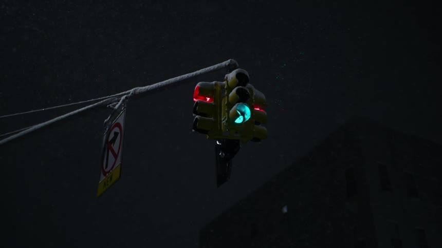 A traffic light changes from red to green