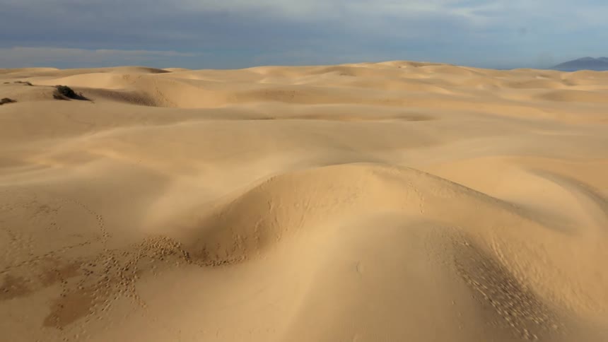 Sand dunes stretch to misty horizon and mountains