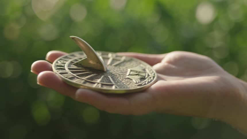 A girl is holding a sundial in her hand