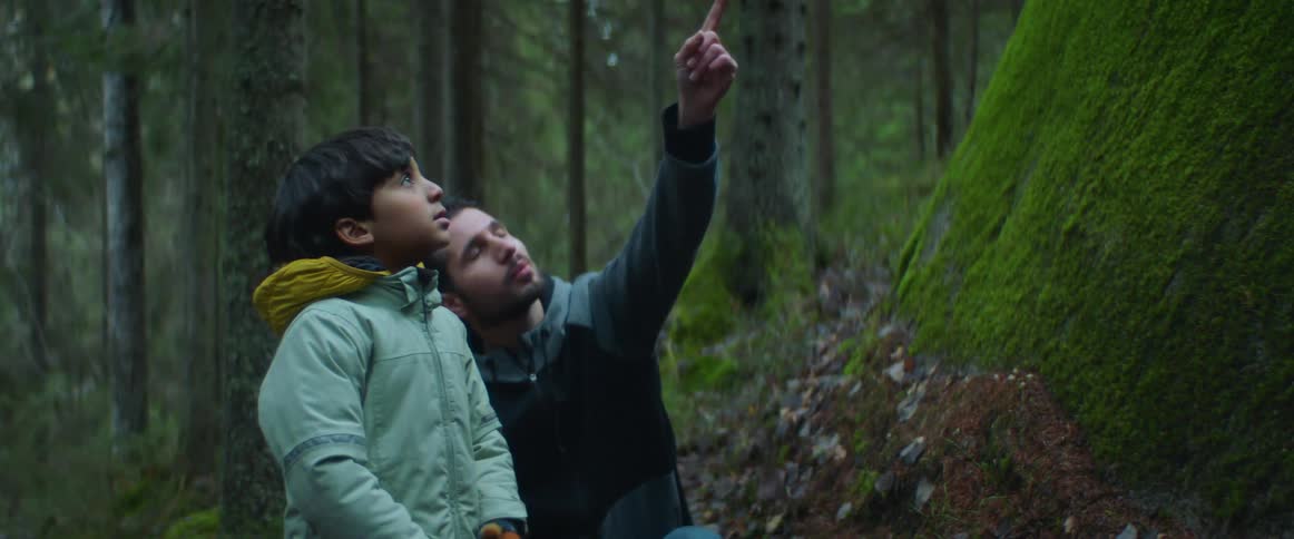 Man sits on ground in forest near algae covered slope pointing upward as he talks to boy