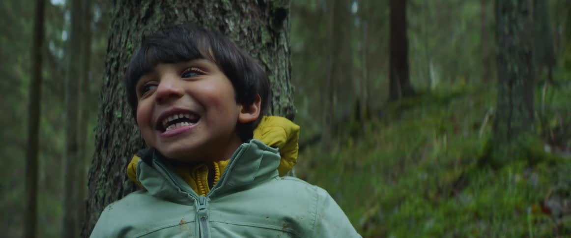 A young boy is in a forest looking up at trees and smiling and laughing