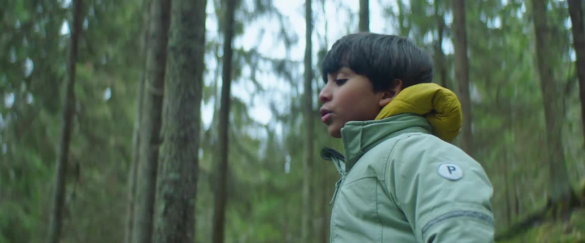 A young boy is standing in a forest near trees laughing and pointing at something