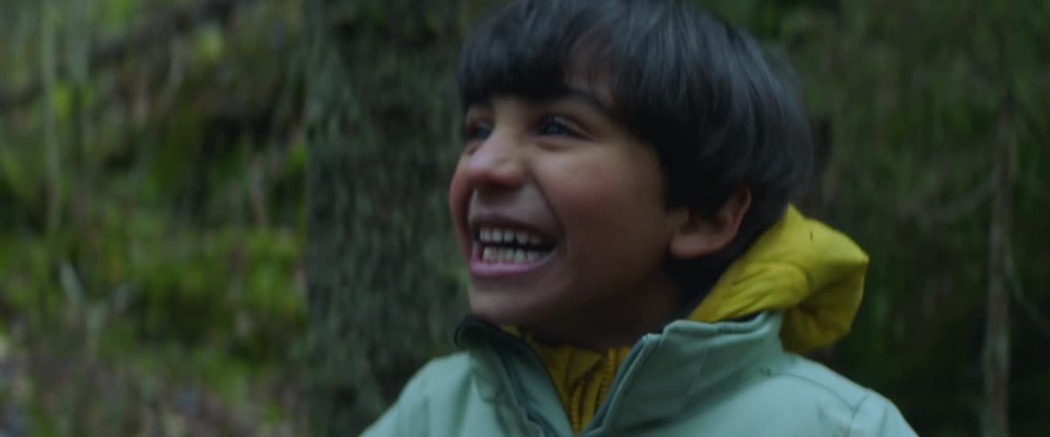 A little boy holding up a tree branch laughing and grinning with teeth showing