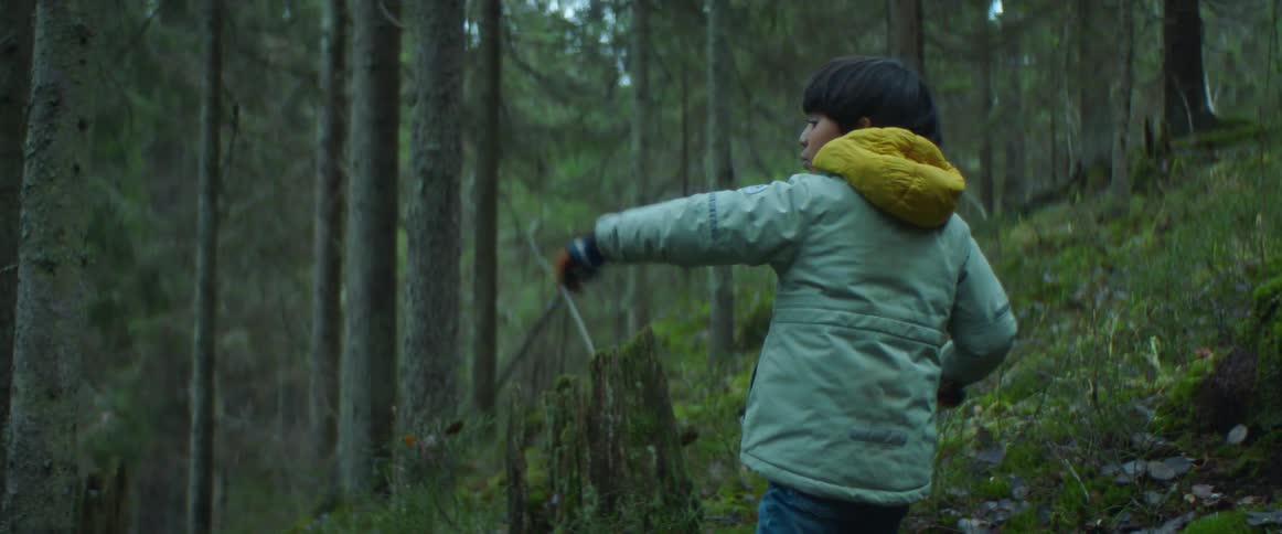 A young boy is standing in a forest pointing to something and throwing a stick