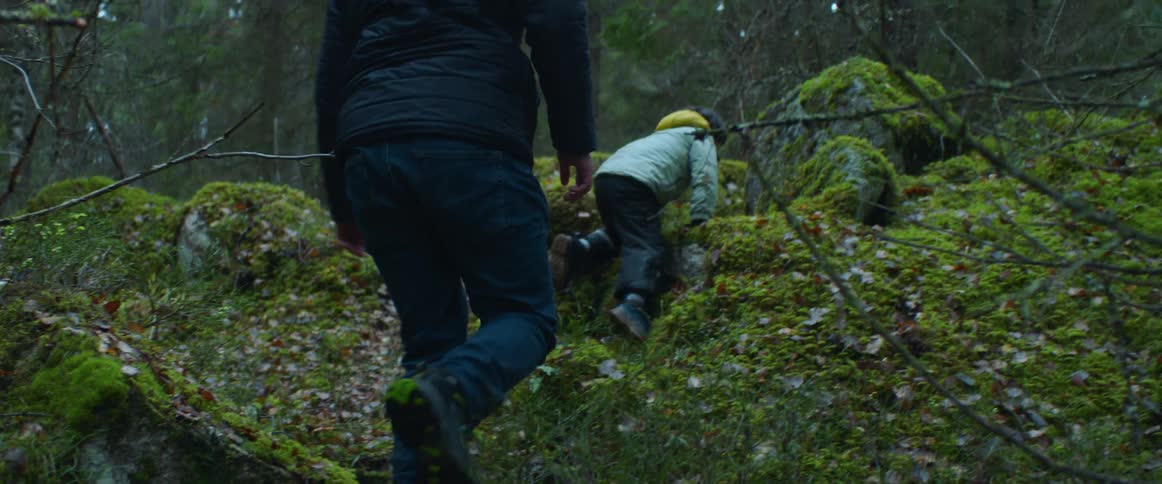 Little boy climbs over the moss covered rocks in the forest as his father follows behind him