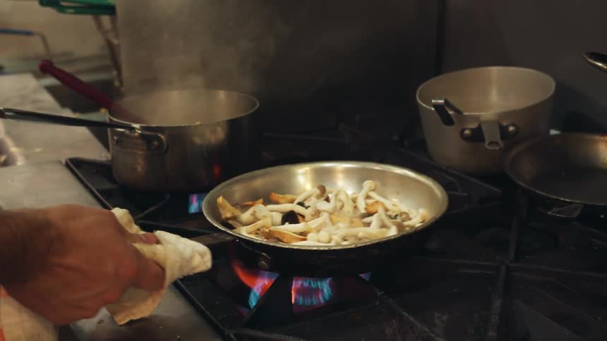 A person shakes the food around on the stove