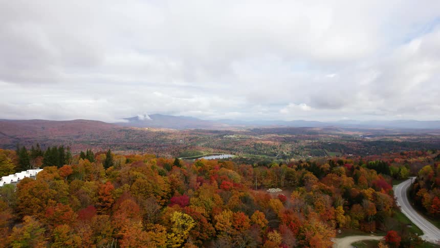 Roads run through a forest of trees in beautiful fall colors under a cloudy sky