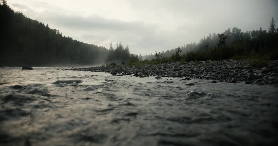River rapids flow near a rocky shoreline and forests under a cloudy sky