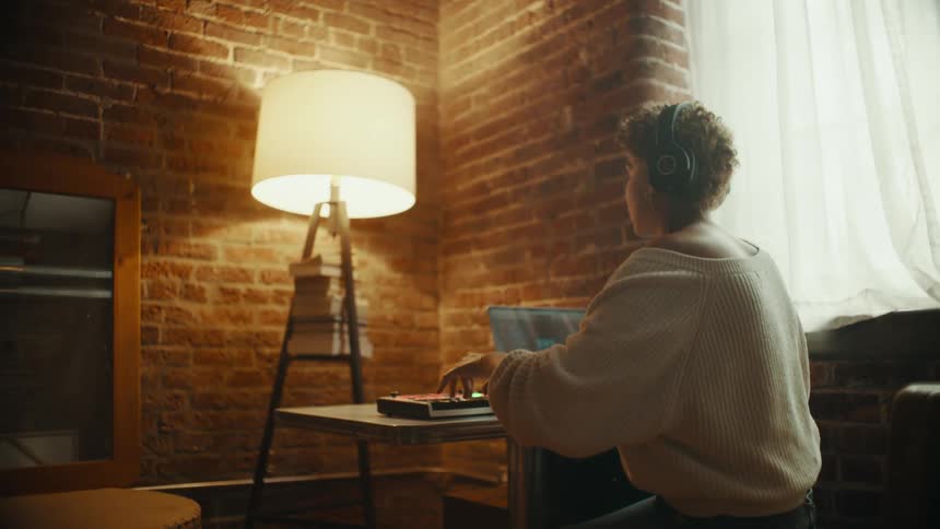 A woman records music on her laptop while in her apartment