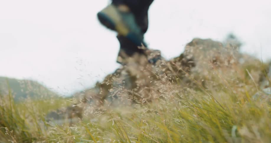 A man walks onto a small boulder while hiking through a field