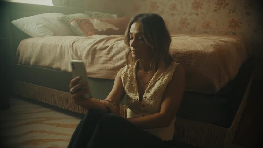 Woman sits on the floor near the bed smiling as she takes selfies and intermittently sighing