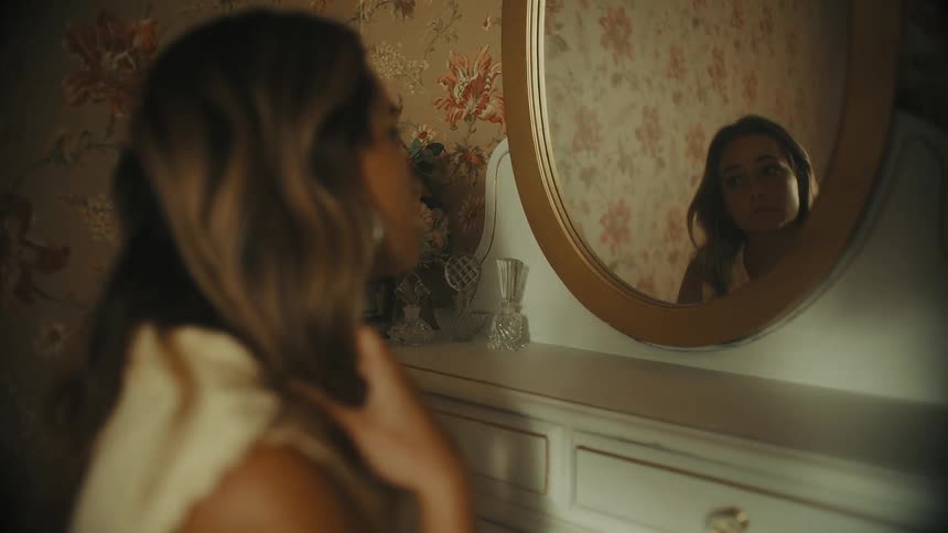 A young woman sits on a stool and admires her hair in a vanity mirror