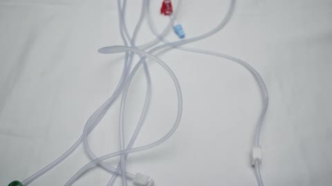 Medical tubes and wires sit strewn on a white hospital bed