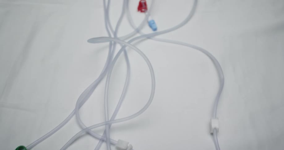 Medical tubes and wires sit strewn on a white hospital bed