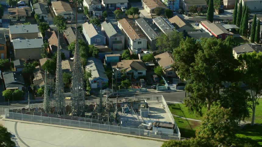 An aerial view of Watts Towers Art Center in Watts, Los Angeles