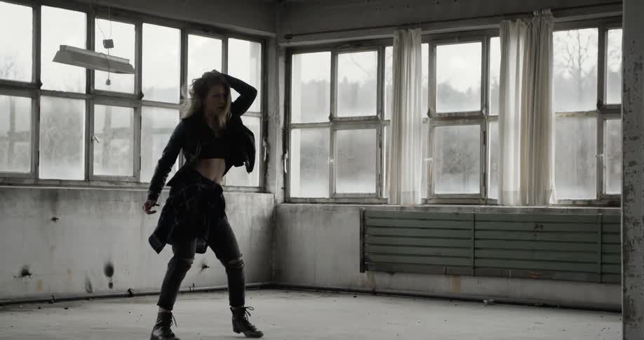 A woman in a black jacket dances around an empty room