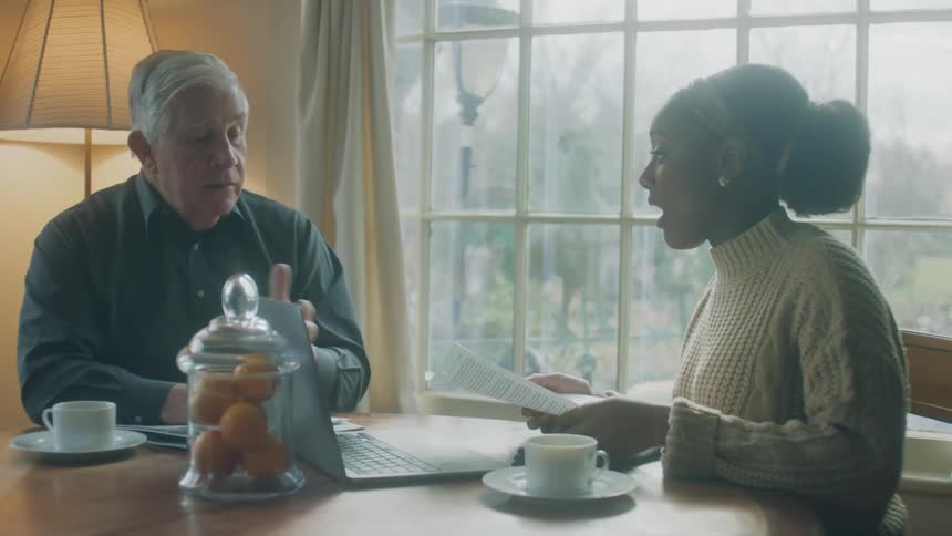 A man and woman talk and go over paperwork