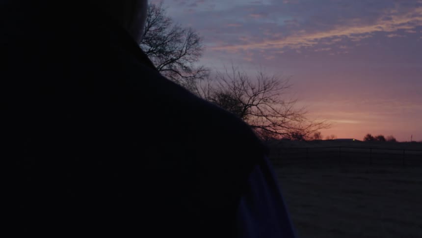 Man stands staring across empty pasture bordered by leafless trees toward the red sky on the horizon