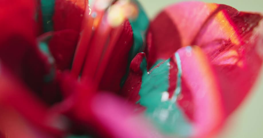 Green paint is dripping on a red flower