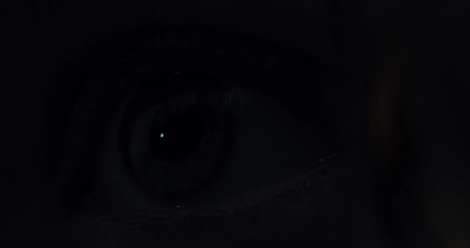 A light briefly shines on an eye