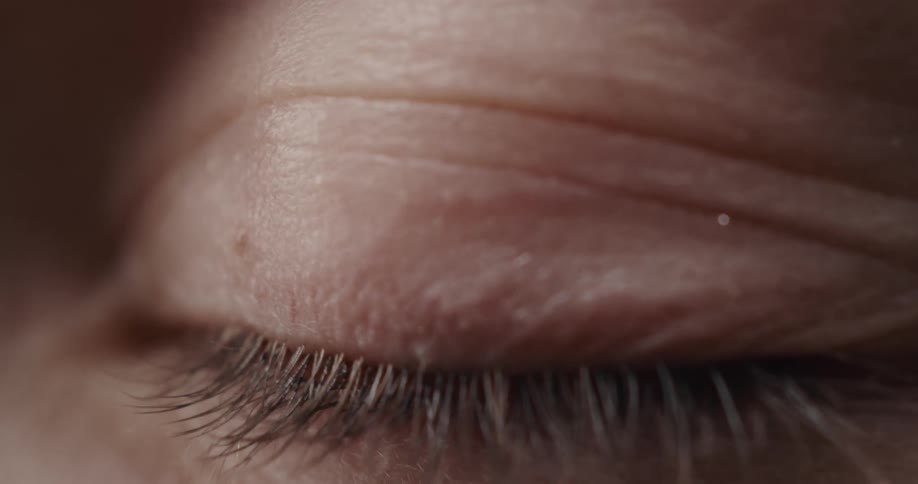White person blue eye blinking and looking around