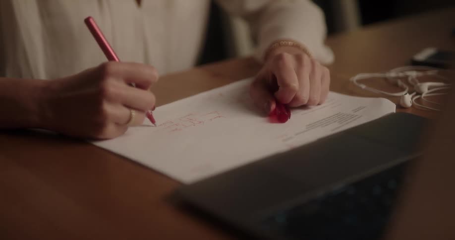Woman with curly hair and white blouse writes in notebook looking at book
