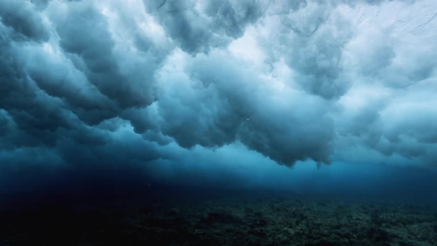 Underwater footage of an ocean wave