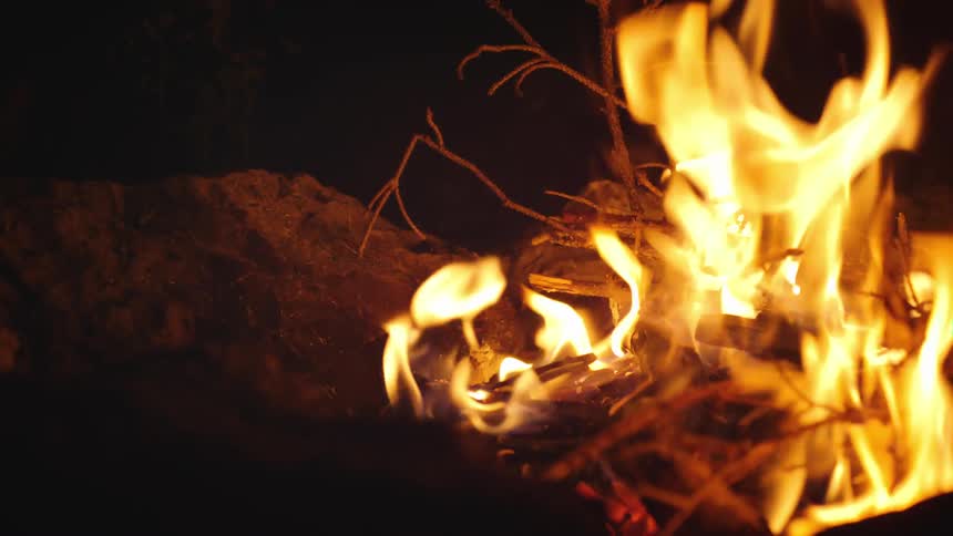 A campfire burns in the darkness