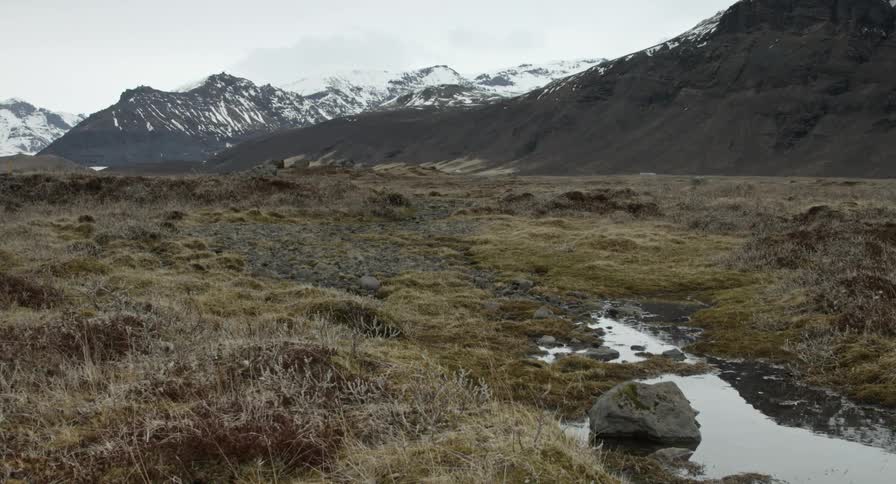 A small stream in front of the beginning of a mountain