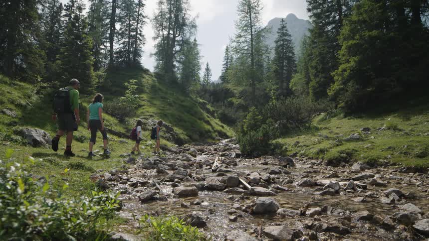 Mother father and two daughters hiking towards a rocky stream near the trees as a mountain sits in the distance