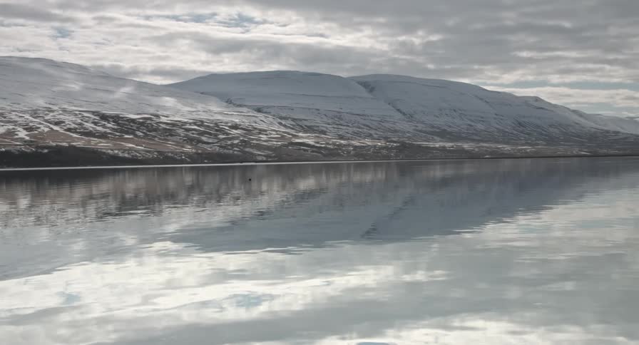 Large calm lake next to snowy mountains