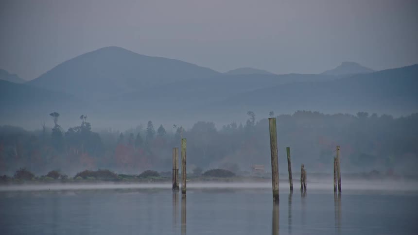 Fog sits over the lake with old dock piles exposed