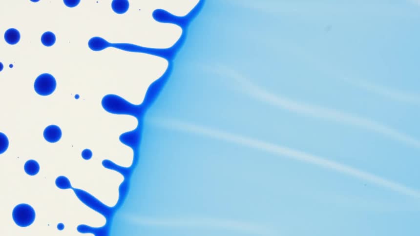A design mimics water moving right and leaving blue dots of liquid behind