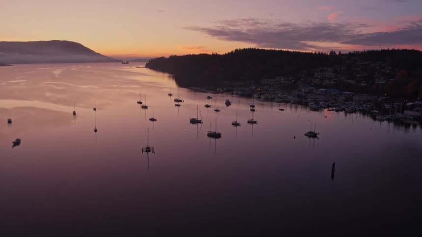 Boats are scattered across the water of an oceanside marina at dawn