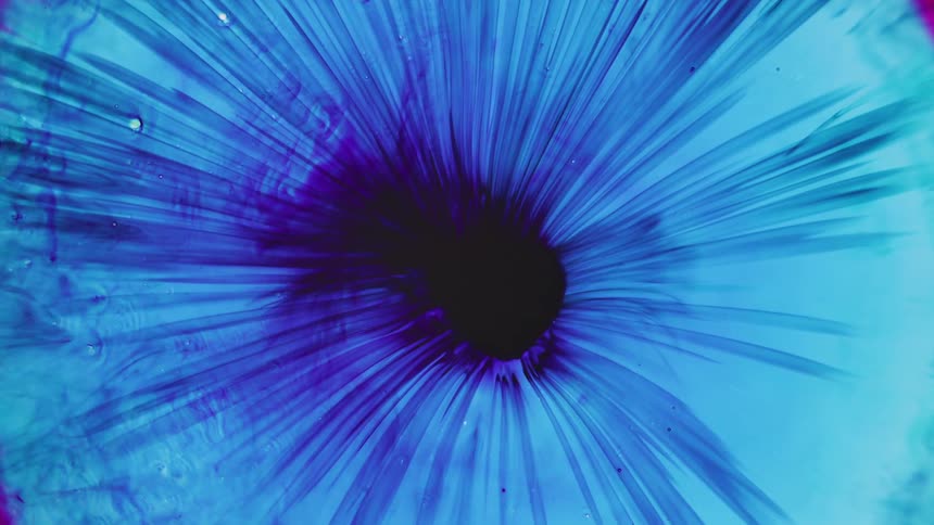 Circles of colors splash and streak outwards with blues on the inside and pinks around the edges with a black center