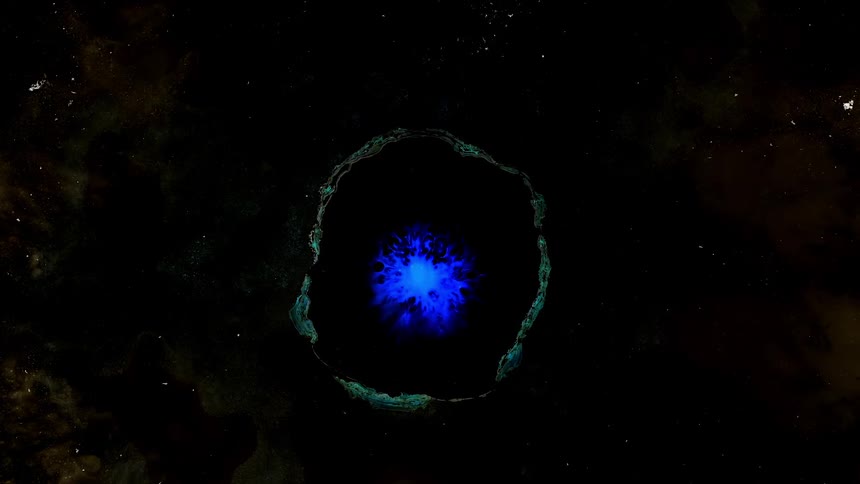 An electric blue explosion ripples inside a green ring in the darkness
