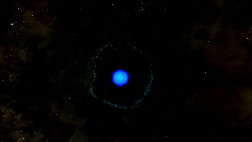 A micro dot of a blue chemical substance oscillates in the dark