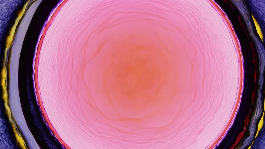 Pool of liquid with pink purple yellow orange and black spreads out in a circle