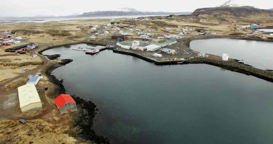 Aerial view of a port town on a cloudy day