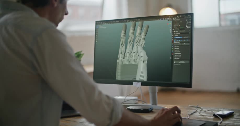 A man is looking at a computer with an image of a hand on the screen